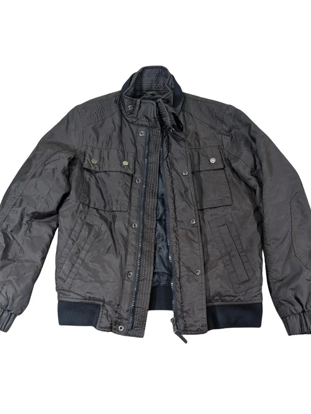 Zara Man Mens Small Dark Brown Utility Flight Bomber Jacket Padded Nylon Coat